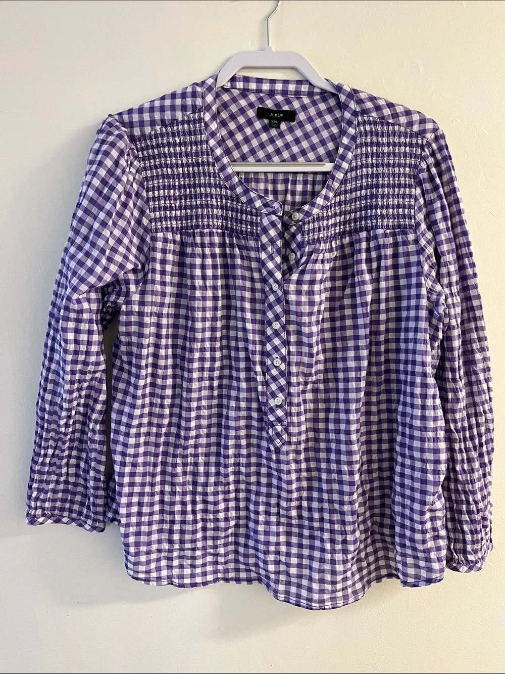 J.Crew Re-Imagined Purple Gingham Smocked Button-Front Women's Top Size XXL